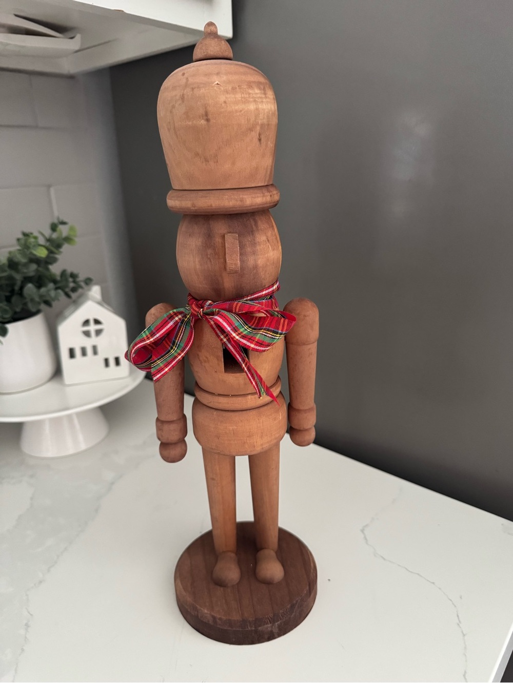 ✨ Pottery Barn Wooden Nutcracker with Red Plaid Bow